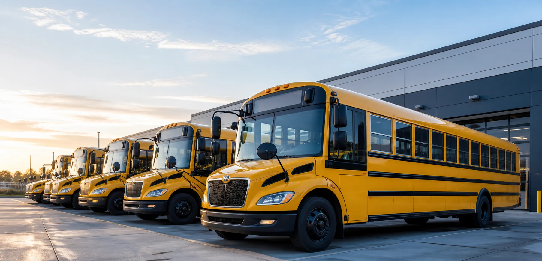 Modern school buses at a transportation operations facility